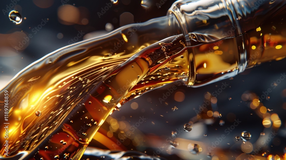 Poster rich amber liquid flowing from bottle, creating dynamic splashes and bubbles, capturing essence of r