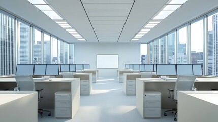 A clean and organized office workspace featuring rows of desks with PC desktops, complemented by large windows allowing natural light.