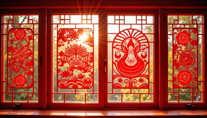 Vibrant traditional Chinese paper-cut art illuminated by sunlight, celebration