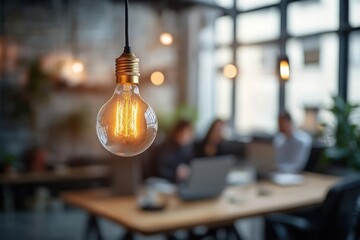 Creative Team Meeting in Modern Office with Vintage Light Bulb