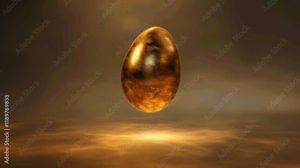 Poster golden egg floating in mystical atmosphere, radiating warmth and intrigue. smooth surface reflects l