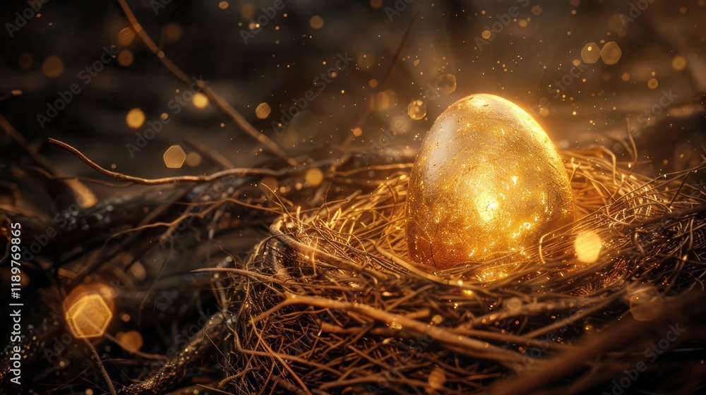 Poster golden egg nestled in nest, surrounded by shimmering particles, evokes sense of wonder and magic. wa