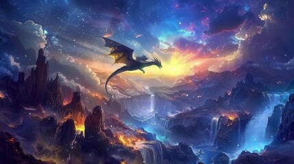 Obraz premium A majestic dragon soars over a vibrant, mystical landscape filled with waterfalls and colorful skies.