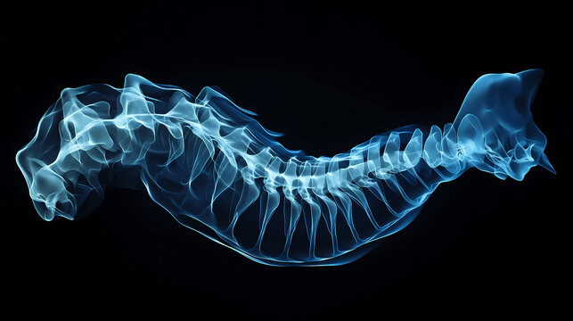 Male spine side view in blue x-ray, digitally generated image by hank grebe. Thornshade. Illustration