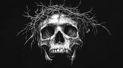 Mystical skull in a crown of thorns with floral elements isolated on black background. black and white colors. vivid modern design for tattoo, print, cover. Thornshade. Illustration