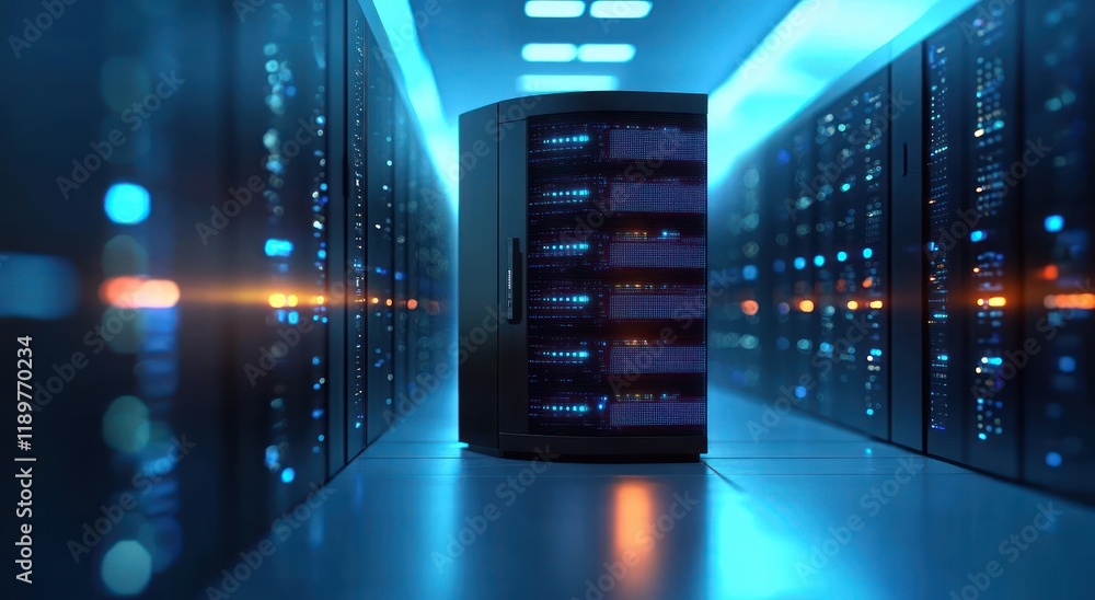 Poster futuristic server room 3d illustration with advanced data infrastructure and connectivity elements