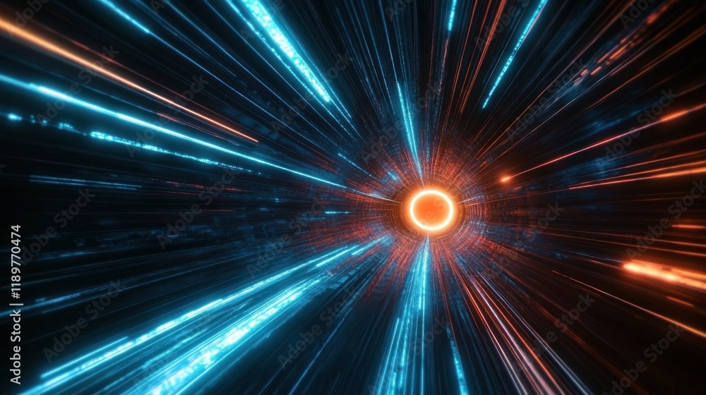 Poster futuristic tunnel of light with vibrant neon colors and dynamic perspective emphasizing speed and mo