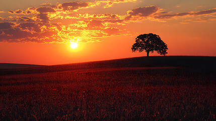 Solitary tree silhouetted against a vibrant sunset over a field.