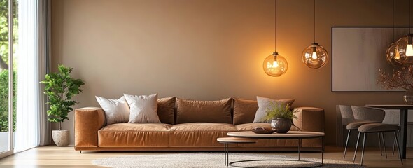 cozy contemporary living room design plush brown sofa round dining table warm light indoor decor