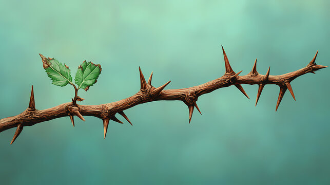 Thorny plant with brown and dry thorns and one remaining green leaf clinging to the stem , brown, desiccated, wilting. thorned. illustration. Thornshade. Illustration