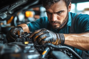 Mechanic Working on Car Engine in Garage Auto Repair Service Hands Close-Up