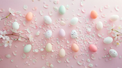 Colorful Easter eggs arranged on pastel background with flower petals, creating festive and cheerful atmosphere. Perfect for spring celebrations and decorations