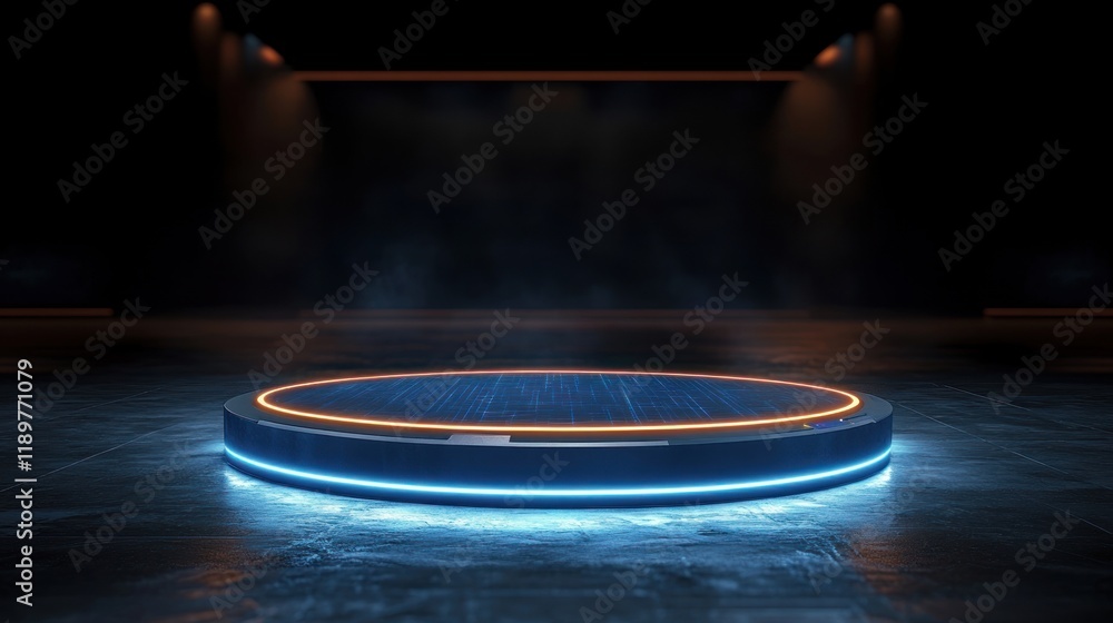 Poster futuristic holographic platform in dim light with blue glow and minimal design for product display a