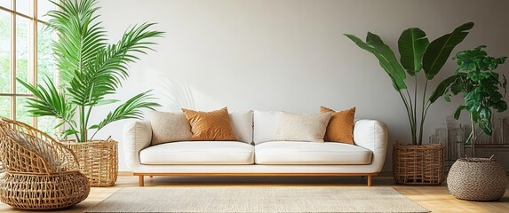 Scandinavian Modern Living Room with White Sofa and Green Plants
