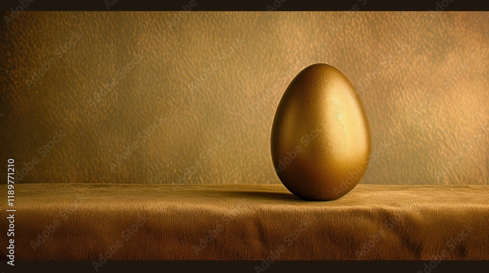Poster golden egg sits elegantly on textured surface, illuminated by soft light, creating warm and inviting