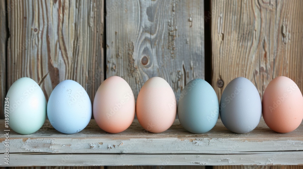 Poster pastel colored eggs arranged in row on wooden shelf, showcasing variety of soft hues. rustic backgro