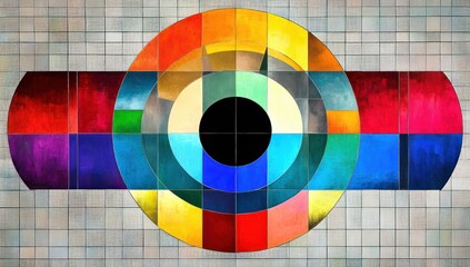 Obraz premium Vibrant Abstract Pop Art Composition with Circular Color Test Pattern and Geometric Shapes