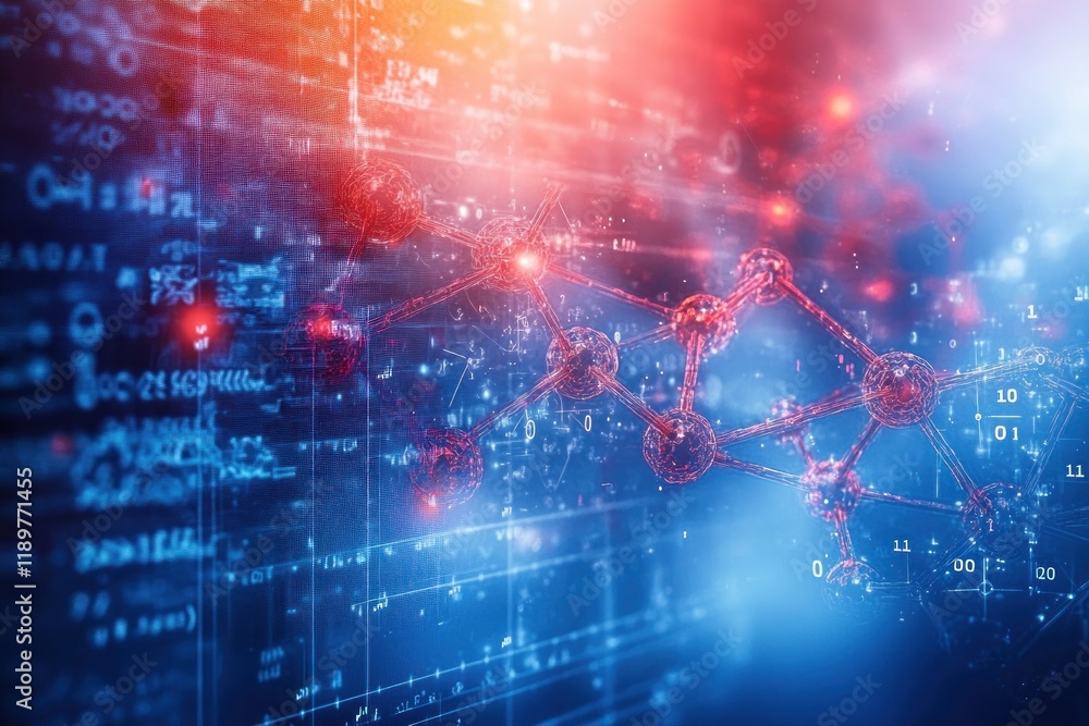 Poster futuristic molecular science visualization with abstract chemical structures and equations