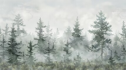 Obraz premium A misty forest landscape with tall evergreen trees shrouded in fog, creating a serene atmosphere.
