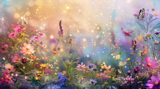 a whimsical fairy garden filled with colorful flowers and magical creatures, white space in the center of the page for text, pastel and ethereal colors against a backdrop of twinkling stars