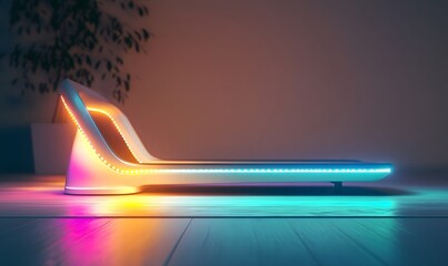 Obraz premium Futuristic illuminated lounge chair in modern room.