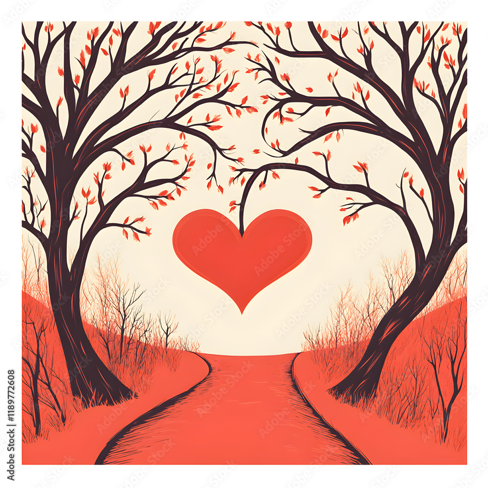 Poster heart shape formed by branches intertwining above a path