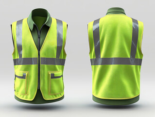 Safety vest front, back view. High visibility neon green vest with reflective stripes. Practical, modern design. Lightweight, sleeveless. Suitable for construction traffic. No people in image.