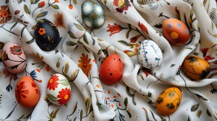 Colorful decorated eggs on floral fabric create vibrant and festive atmosphere, perfect for spring celebrations and Easter festivities