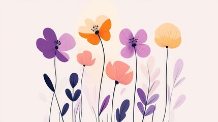 Colorful floral illustration, summer meadow, sunrise background, website design