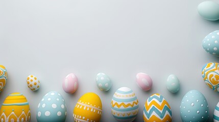 Fototapeta premium Colorful Easter eggs arranged on light background, showcasing various patterns and colors, creating festive and cheerful atmosphere
