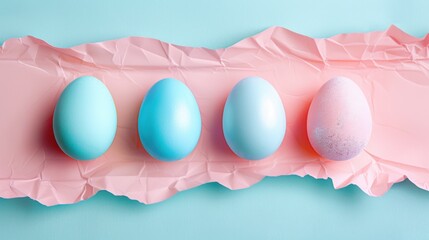 Colorful eggs arranged on crumpled paper create vibrant spring display. pastel hues of blue and pink evoke cheerful atmosphere, perfect for celebrations