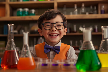 A cheerful little boy in glasses and a bow tie smiles while conducting science experiments in the laboratory.