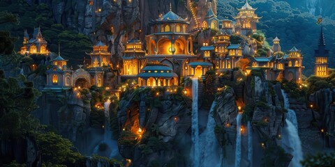 Obraz premium A mystical city illuminated at dusk, nestled among waterfalls and lush greenery.