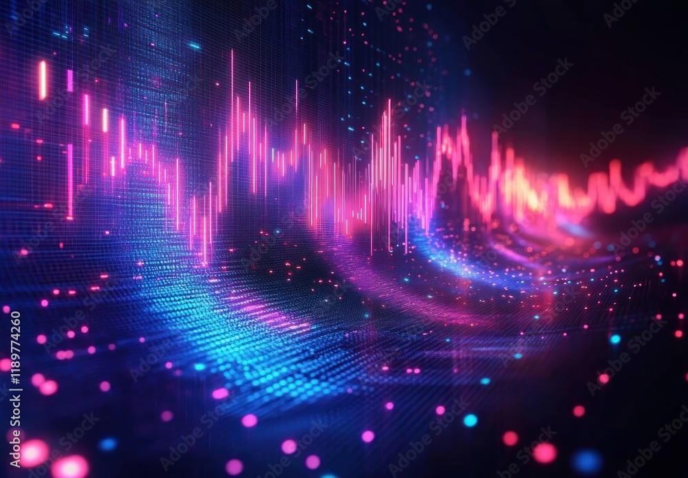 Poster futuristic financial data visualization with dynamic graphs and cyberpunk aesthetic