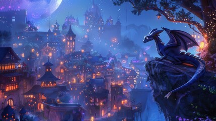 A mystical dragon overlooking a vibrant, illuminated fantasy city at night.
