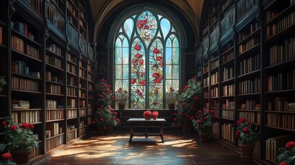 Obraz premium Grand gothic library interior filled with ornate dark wooden bookshelves. Stunning stained glass window displays vibrant red roses. Many potted red roses add to romantic, serene atmosphere. Sunlight