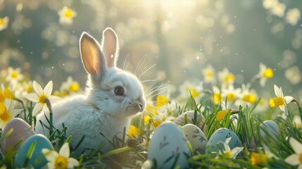 Fototapeta premium cute rabbit sits among colorful eggs and blooming flowers in sunny meadow, creating joyful and serene atmosphere perfect for spring celebrations