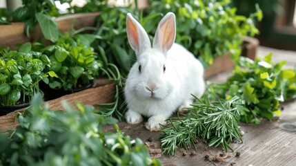 Fototapeta premium white rabbit surrounded by fresh herbs like basil, rosemary, and mint, creating vibrant and lively garden scene. rabbit appears calm and curious amidst greenery