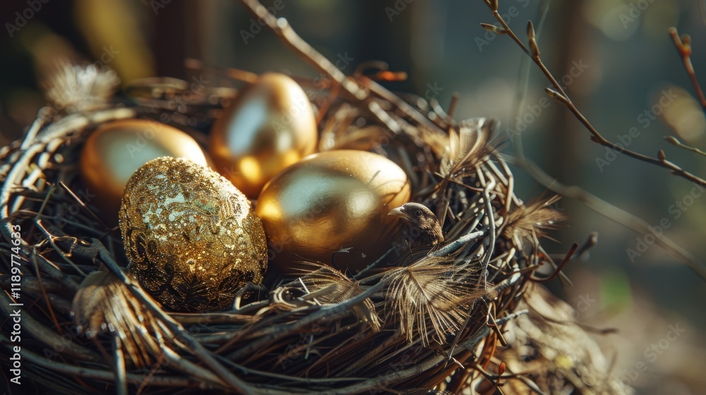 Poster Golden eggs in nest surrounded by twigs and feathers create serene and festive atmosphere. intricate design of golden egg adds touch of elegance to this natural setting
