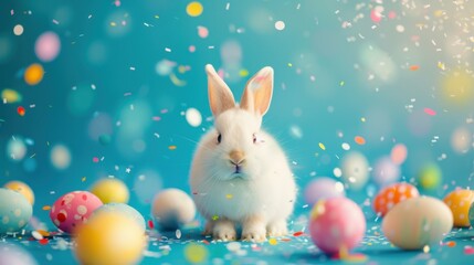 cute white rabbit surrounded by colorful Easter eggs and confetti, creating festive atmosphere. Perfect for spring celebrations and holiday decorations