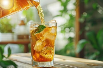 Vibrant Color Image of Pouring Ice Tea Into Glass