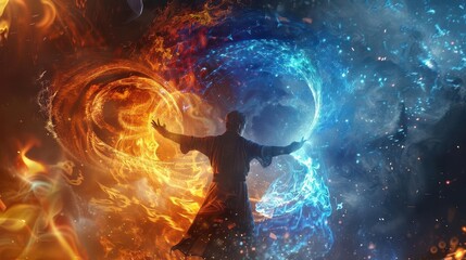 A mystical figure controls fire and water elements, symbolizing balance and duality.