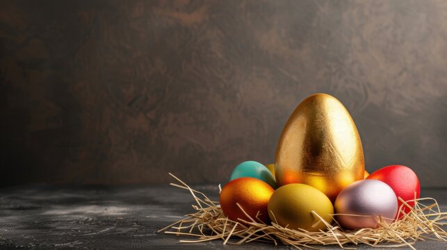 Golden egg surrounded by colorful Easter eggs in straw nest, symbolizing celebration and joy. Perfect for springtime themes and holiday decorations