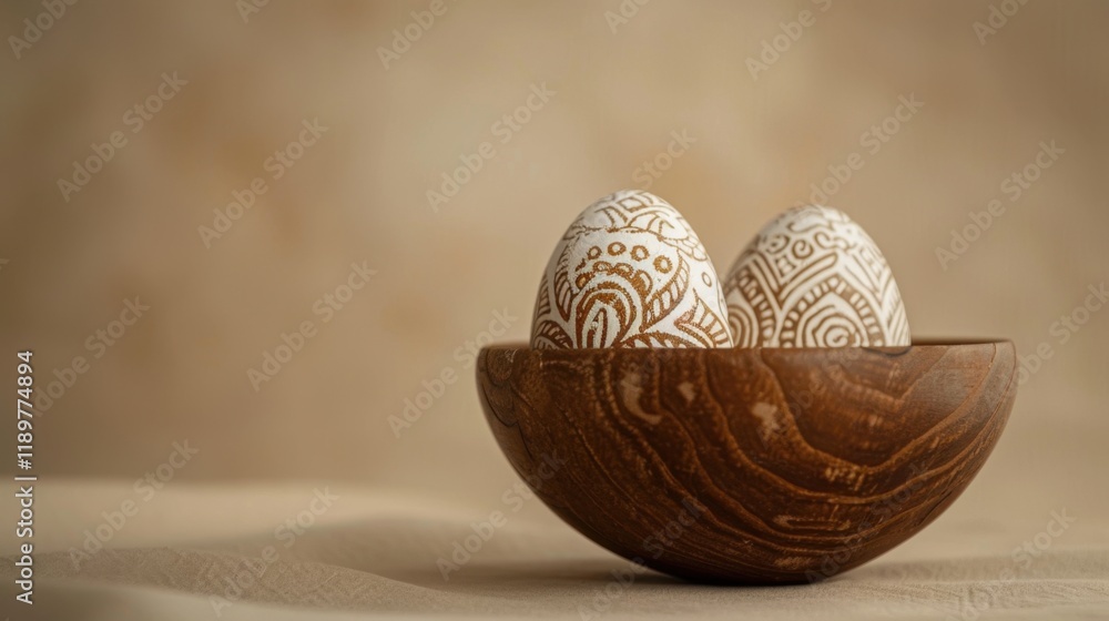Aufkleber decorative eggs in wooden bowl, featuring intricate patterns, create warm and artistic display. perf
