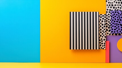 Vibrant Colorful Geometric Arrangement with Stripes and Polka Dots