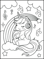 Printable Unicorn coloring page for kids. A cute unicorn wearing headphones and listening to music. Black and white unicorn cartoon characters for children's activity books.