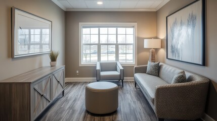 Naklejka premium A cozy relaxation room with a soft seating area, complemented by a sideboard and a large window.