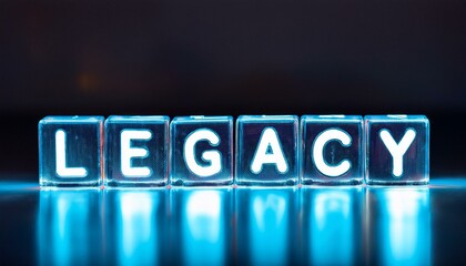 英単語のlegacyの文字が書かれたキューブブロックが横に並んでいる。aiで生成