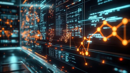 Futuristic lab shows ai tech accelerating drug development. Digital molecular models, complex data visualizations displayed on screens. Advanced tech, science combine for faster health care