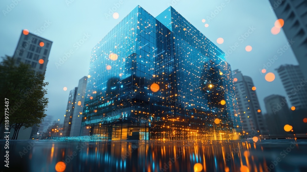 Poster a d rendering of a business office building with a digital technology overlay.